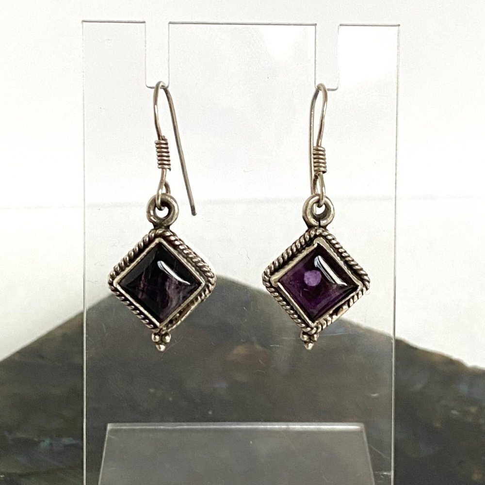 Sterling Silver 925 Bezel Set Diamond Shaped Amethyst Cabochon Dangle Earrings